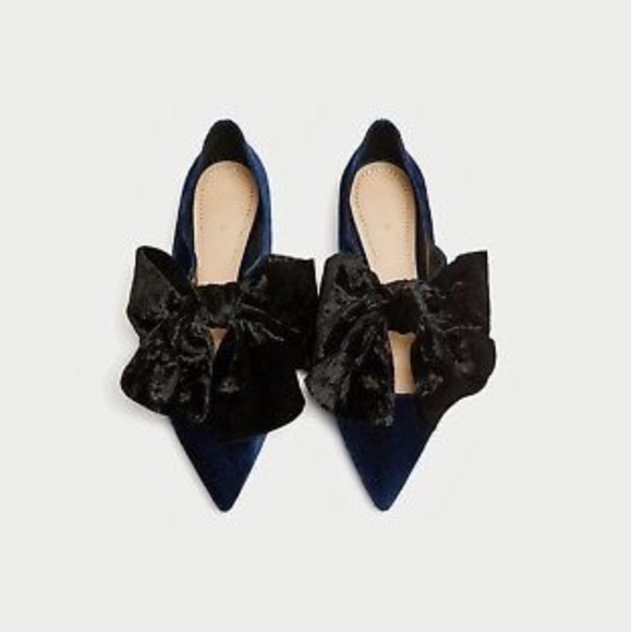 Zara Navy Velvet Ballerinas with Bow - Picture 4 of 8